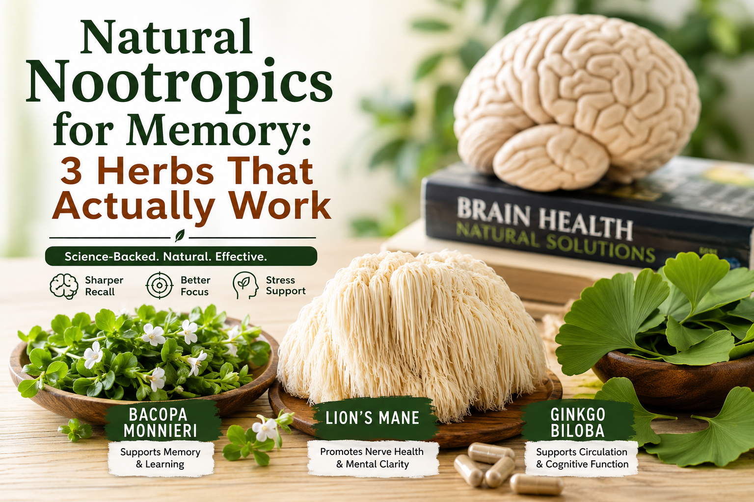 Three herbal nootropics commonly used to support memory and cognitive function.