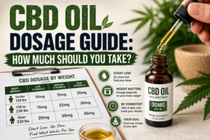 CBD oil bottle and dropper illustrating dosage and serving guidance.
