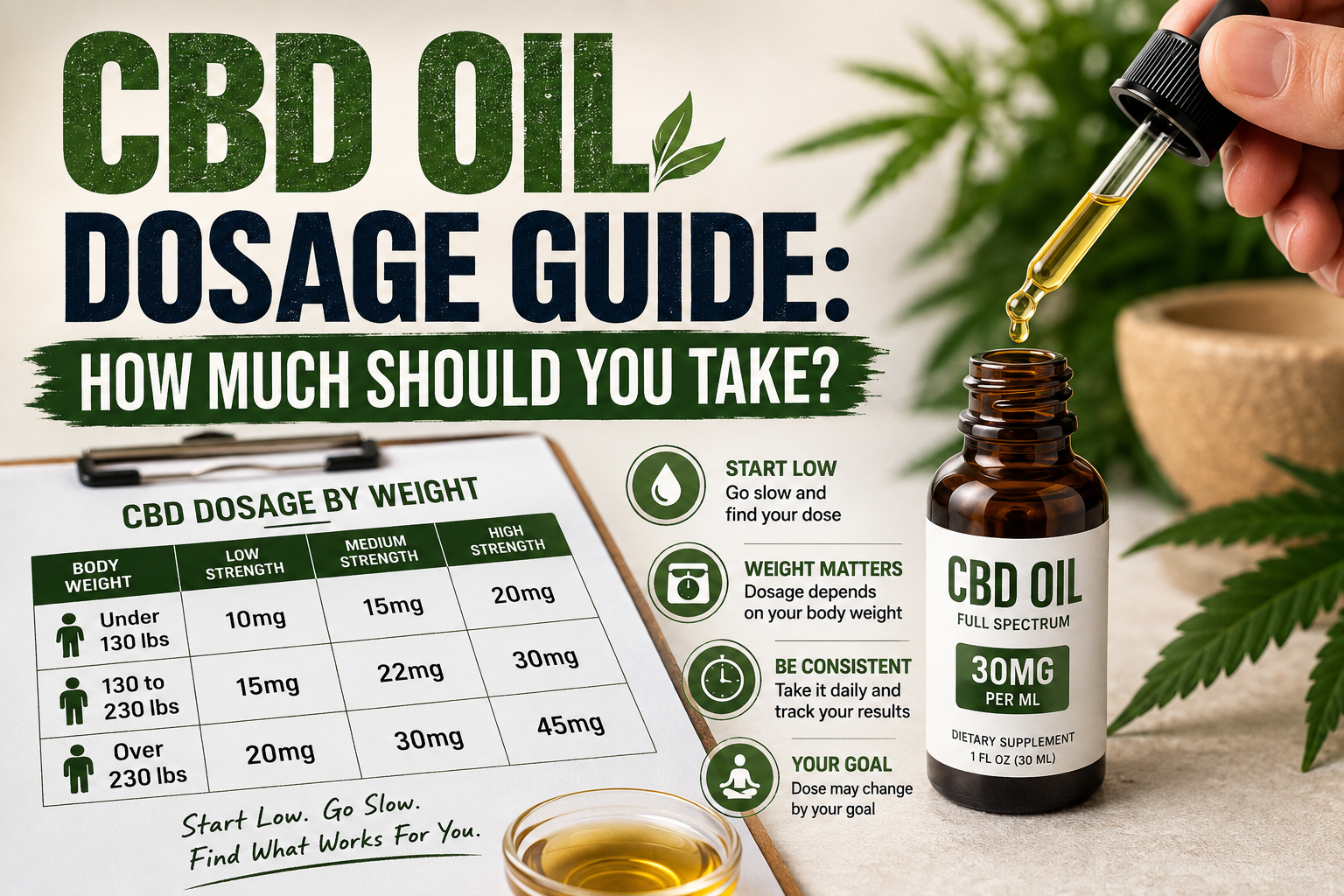 CBD oil bottle and dropper illustrating dosage and serving guidance.