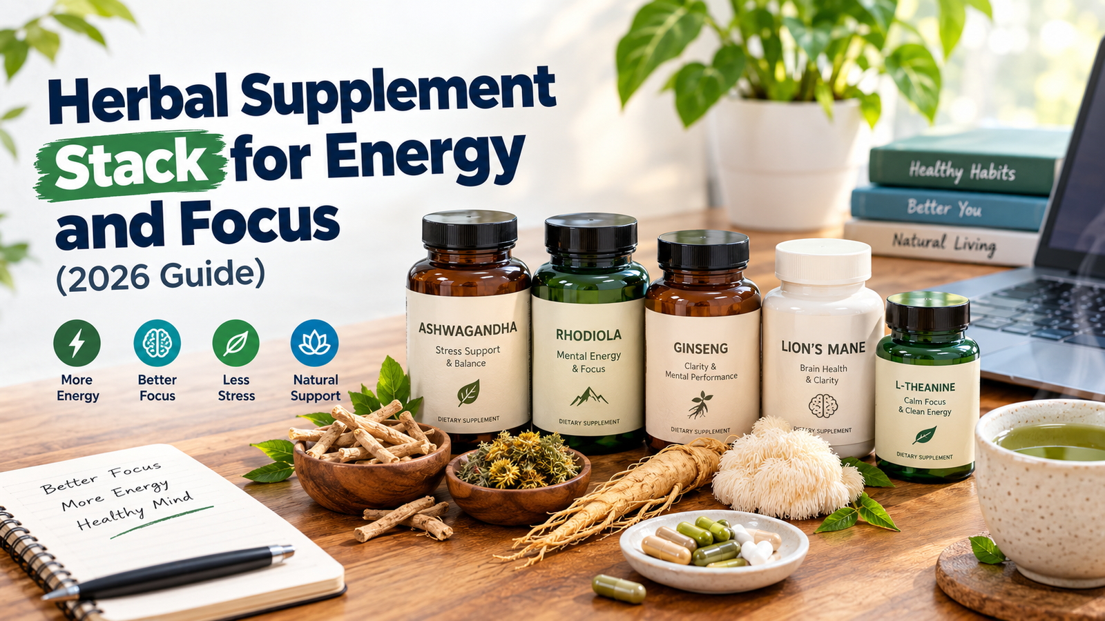 Herbal supplements commonly used in stacks to support energy, focus, and mental performance.